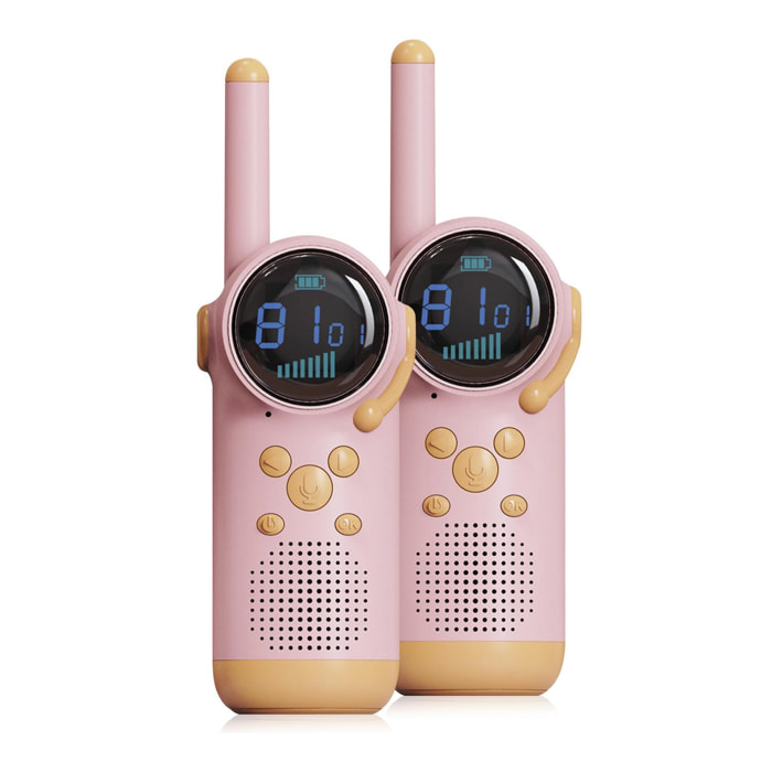 DAM Walkie Talkies infantiles D22, 1-3 km, pantalla a color, 99 códigos de grupo encriptados, luz LED. 2 unidades. Batería recargable. 4,5x4,5x14,3 Cm. Color: Rosa