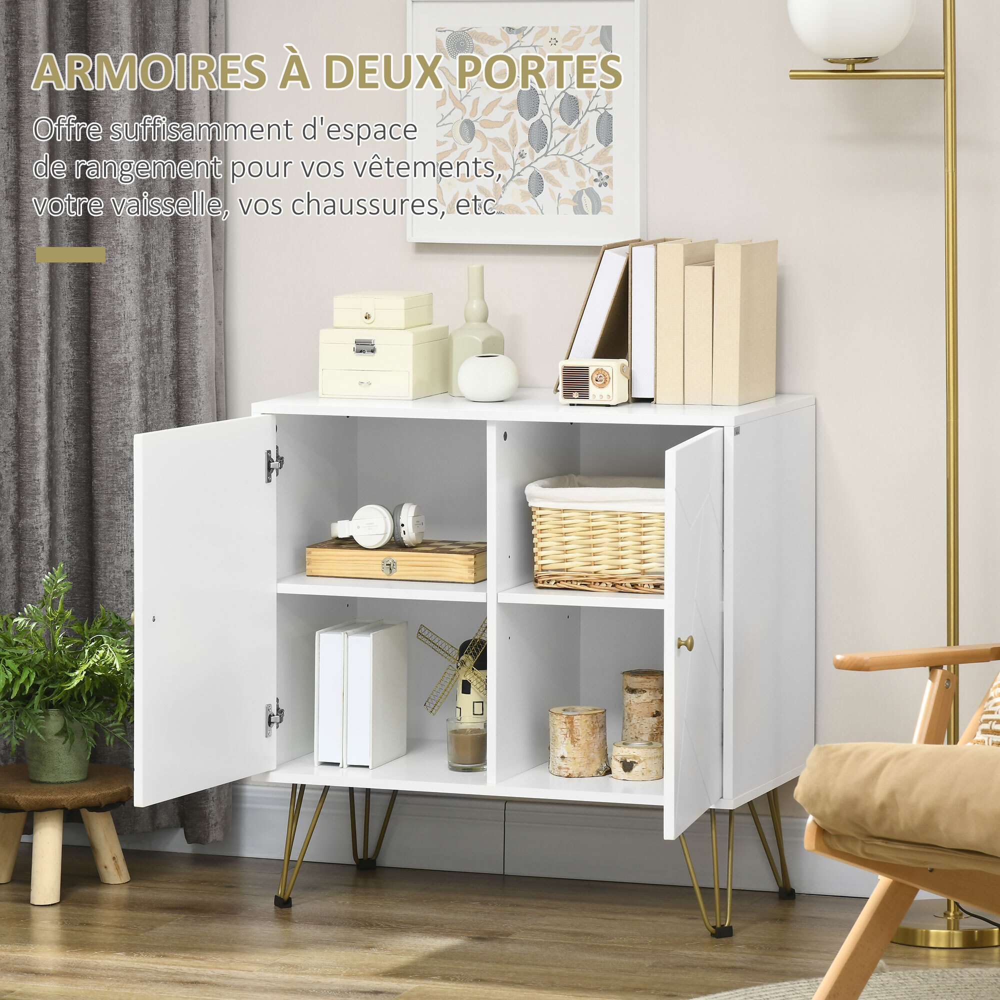 Buffet 2 portes 2 étagères style Art déco motif graphique piètement épingle poignées métal doré MDF blanc