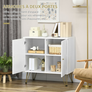 Buffet 2 portes 2 étagères style Art déco motif graphique piètement épingle poignées métal doré MDF blanc