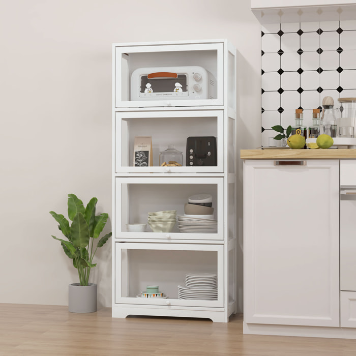 Vitrine colonne 4 niveaux - 4 portes abattantes - dim. 59 x 30 x 139 cm - MDF blanc acrylique transparent