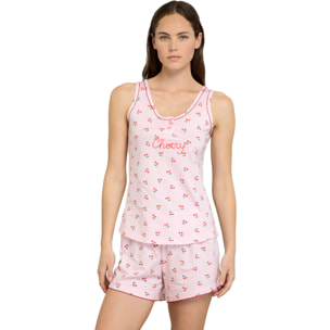 Pigiama donna in cotone con top a spalla larga e pantaloncini con stampa ciliegie articolo summer and fruits Noidinotte