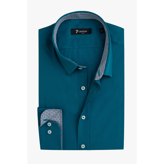 Camicia Uomo 1 Bottone Italiano Slim Popeline Stretch Unito Verde Ottanio