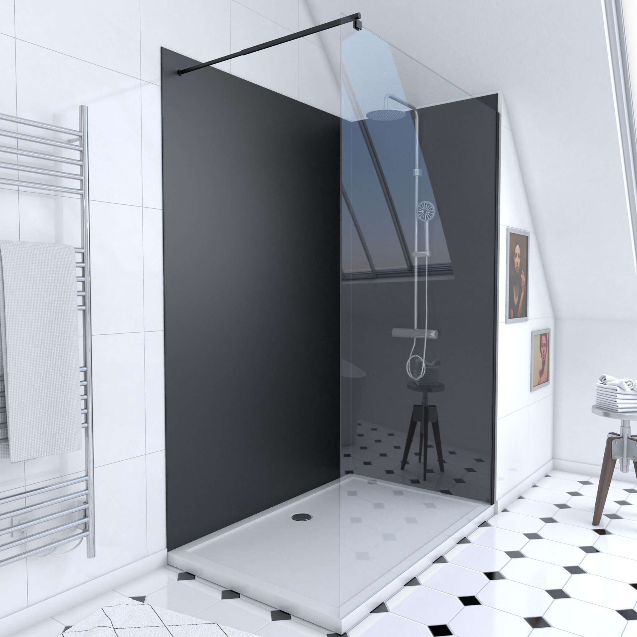 Pack Douche a l'Italienne 90x120 - Kit Panneaux Muraux Noirs + Receveur + Paroi Transparente