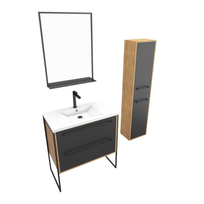 Meuble de salle de bain 80x50cm - vasque blanche 80x50cm -tiroirs noir mat + colonne + miroir