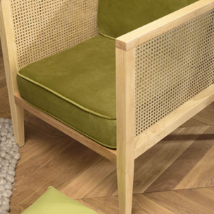 AGATHE - Fauteuil cannage assise amovible velours vert