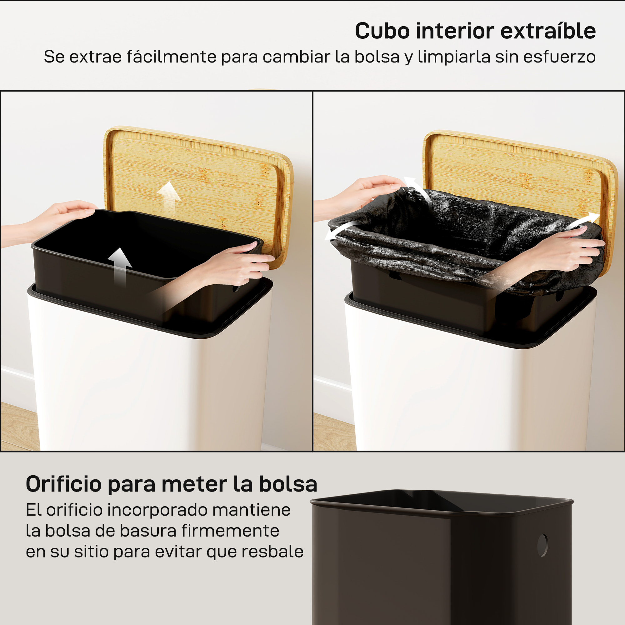 Cubo de Basura Cocina con Pedal, 20L, Tapa de Bambú de Cierre Suave, Papelera de Cocina con Cubo Interior Extraíble, Anti-Huellas, para Dormitorio, Salón, 29,5x29,5x56,8 cm, Blanco y Natural