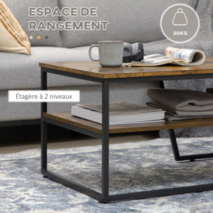 Table basse rectangulaire design industriel avec étagère acier noir panneaux aspect vieux bois veinage