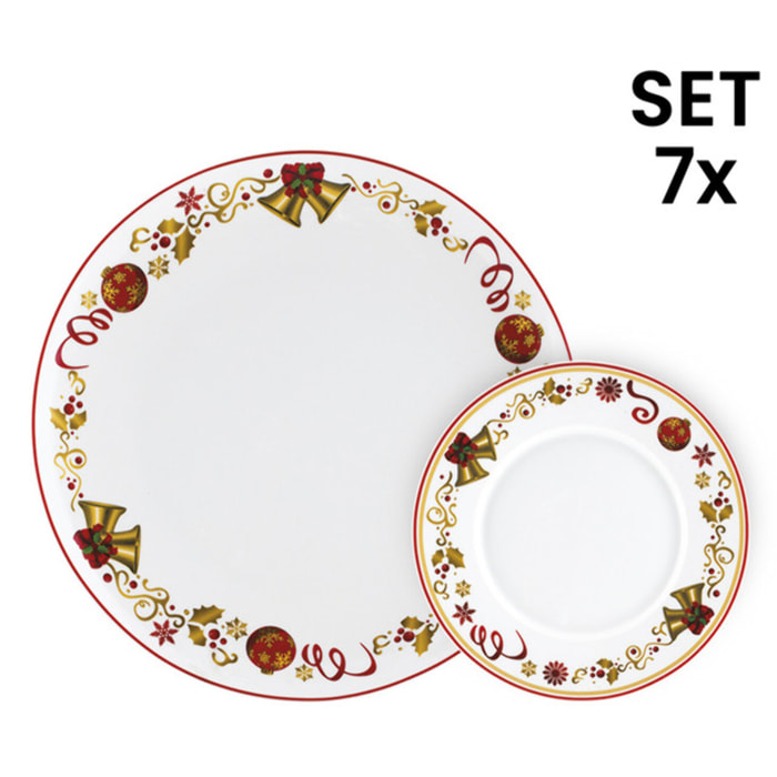 Set panettone Golden Bell con piatto e 6 piattini in porcellana sottosmalto