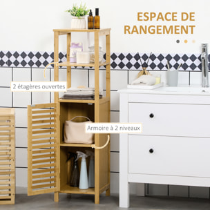 Colonne salle de bain en bambou H.120 cm - porte à lattes, 3 étagères - bambou verni