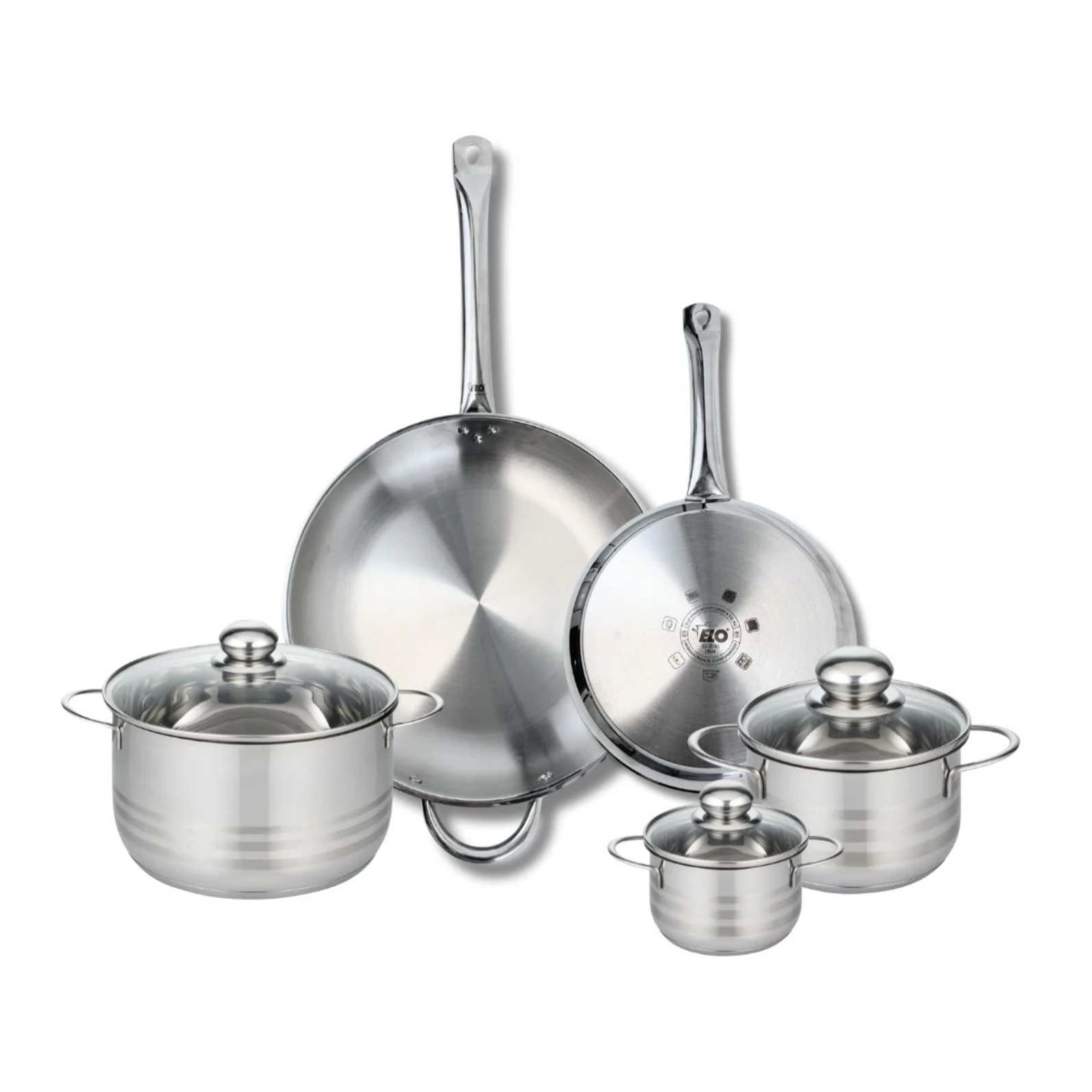 Ensemble de 2 Poêles de cuisson 24 et 32 cm et 3 faitouts 12, 16 et 20 cm Elo Profi Brillant