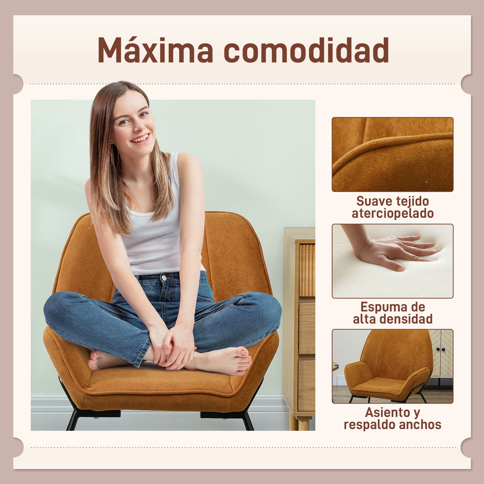 Butaca de Salón Moderna Sillón Lectura con Asiento Ancho y Acolchado Tapizado en Terciopelo Patas de Metal Sillón para Salón Sala de Estar Dormitorio Marrón