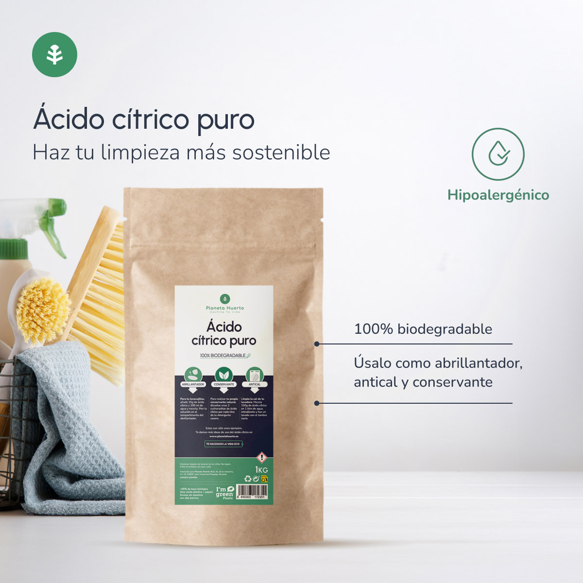 PLANETA HUERTO | Pack 3 Ácido Cítrico 1 Kg Anhidro Ecológico y Biodegradable - Acído Cítrico Desincrustante Natural Lavadora, Abrillantador Lavavajillas y Suavizante Ropa, Ideal Detergentes Casero