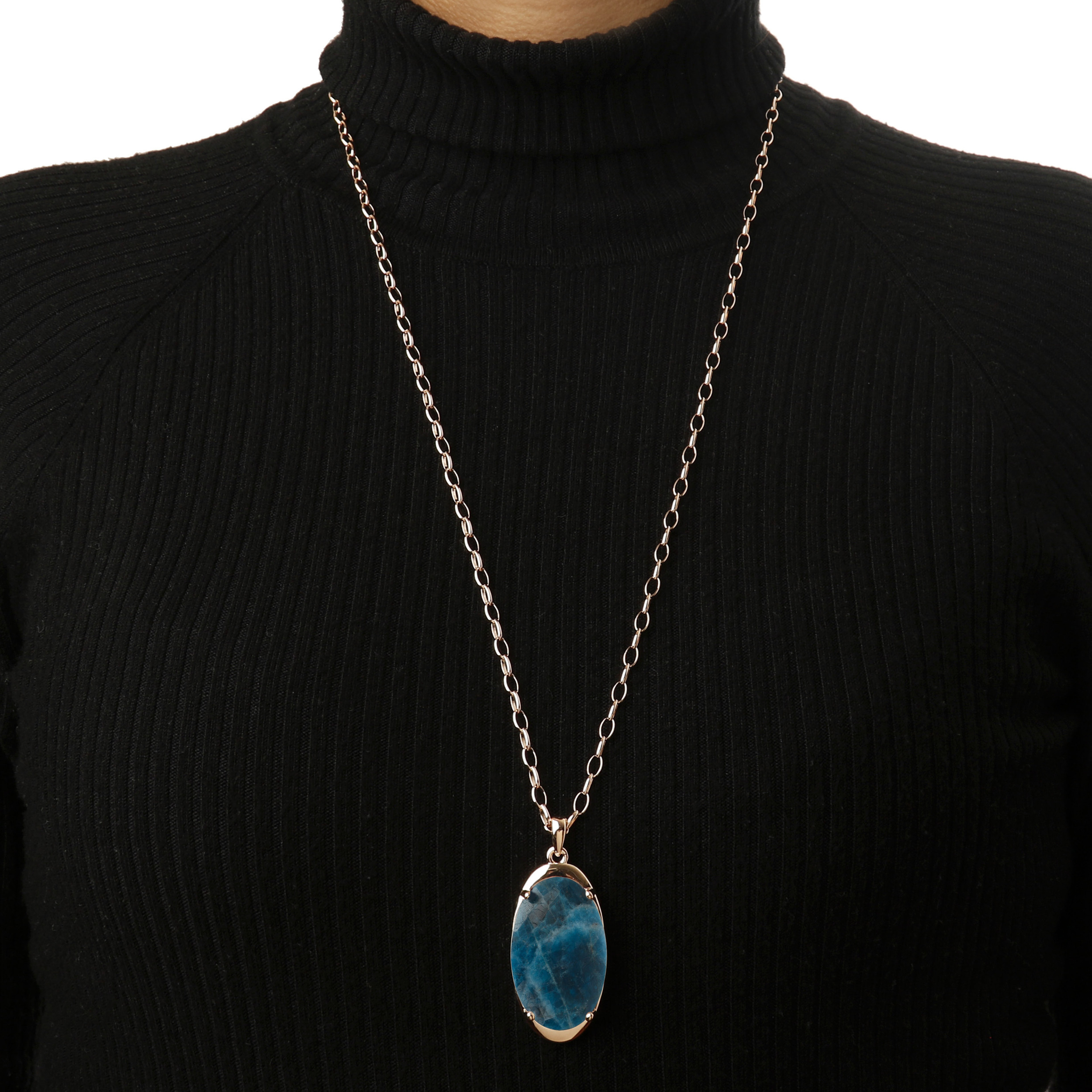 Collana Lunga Catena Rolo con Pendente in Pietra Naturale Ovale Apatite Blu