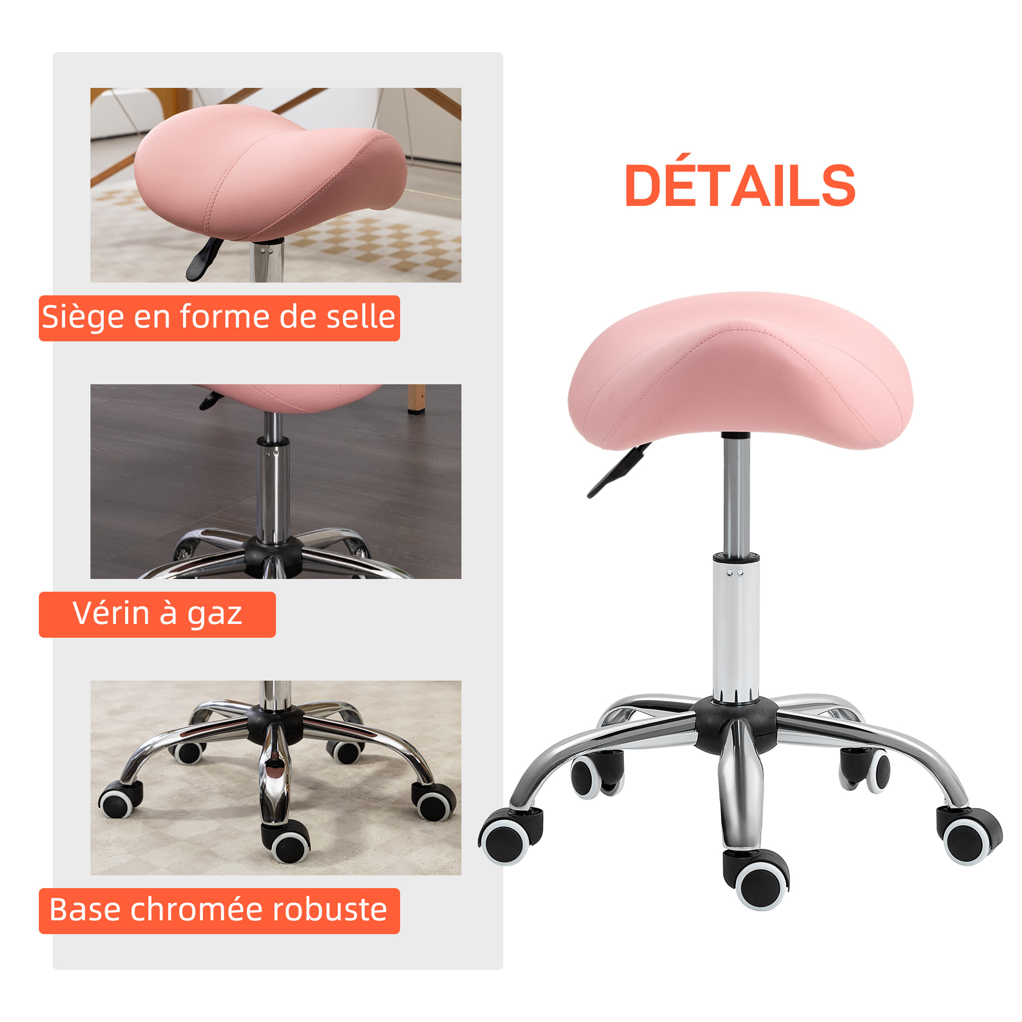 Tabouret de massage tabouret selle ergonomique pivotant 360° hauteur réglable revêtement synthétique rose chromé