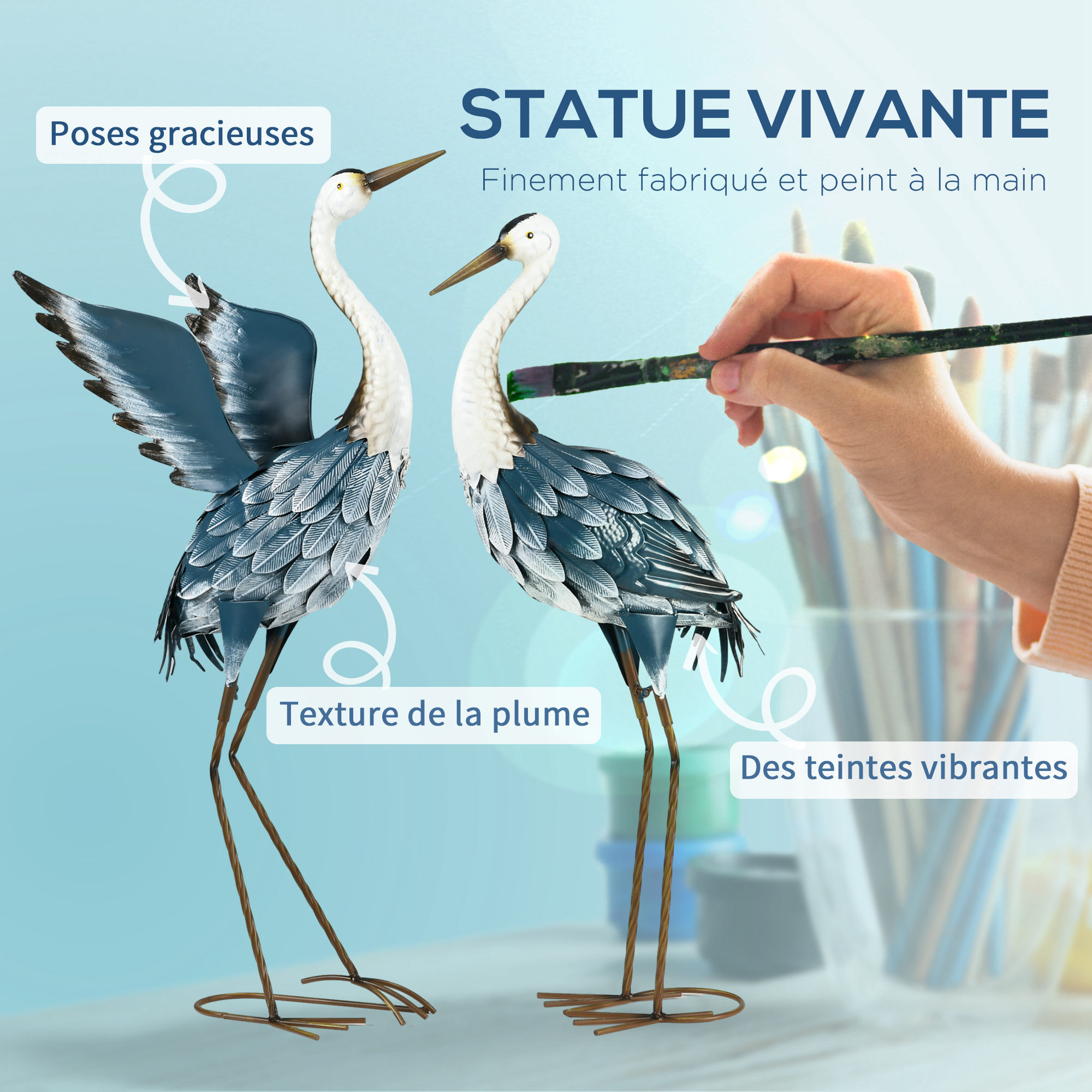Lot de 2 statues de jardin hérons H. 74/70 cm acier bleu blanc