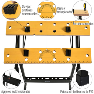 Mesa de Trabajo Plegable Banco de Trabajo con Abrazadera 2 Manivelas Como Caballete de Sierra Carpintero Hierro MDF Soporta 100 kg 60,5x62,5x78,5 cm Natural y Negro