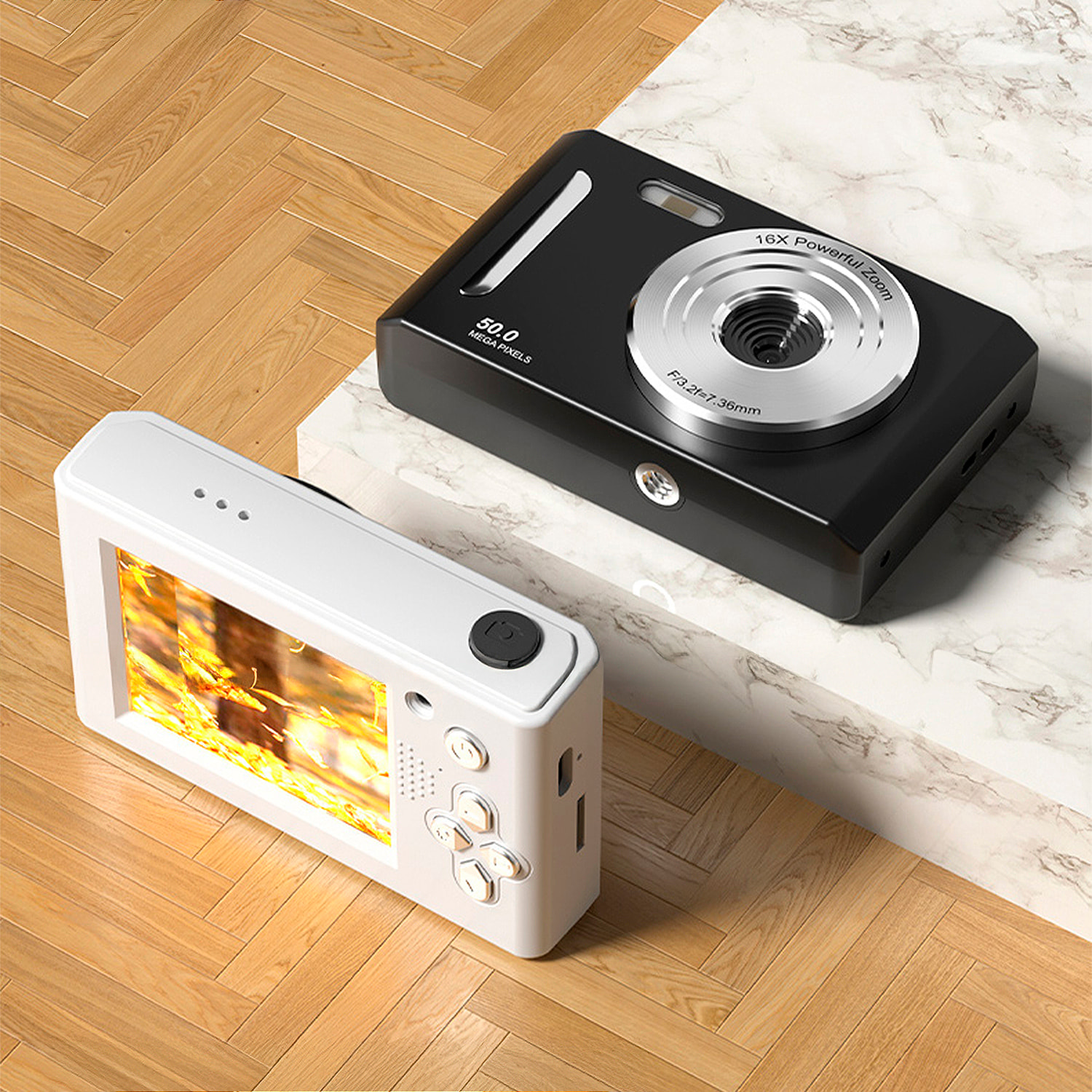 Cámara infantil M26 de fotos y video con flash. 50 mpx y video FHD. Zoom digital 16x, cámara trasera para selfies, juegos incorporados.