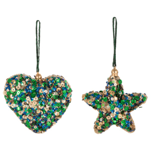 J-Line suspension de Noël Coeur + Etoile Paillettes - plastique - vert/bleu - 2 pcs