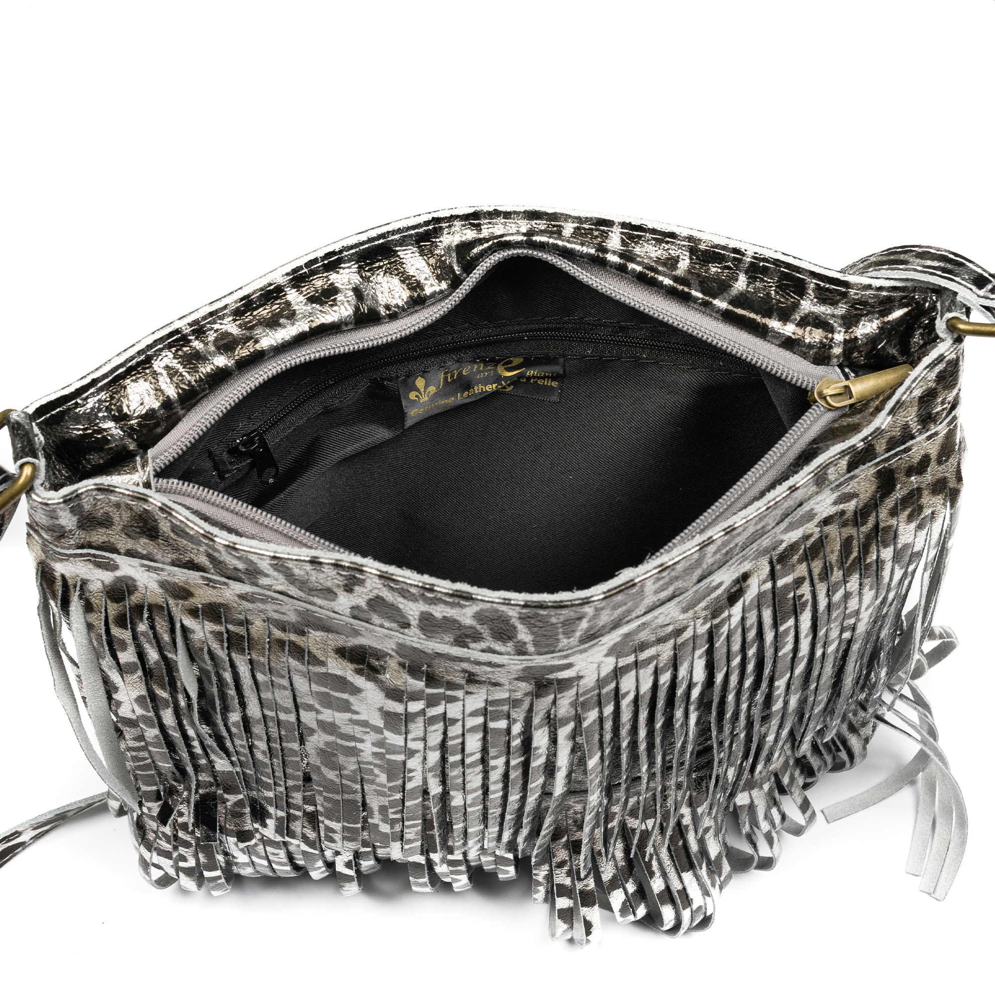 Avise bolso bandolera con flecos mujer. Piel auténtica Gamuza con estampado animal print leopardo lacada brillante.