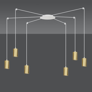 Lampada a sospensione TRAKER con diffusori oro e struttura bianca