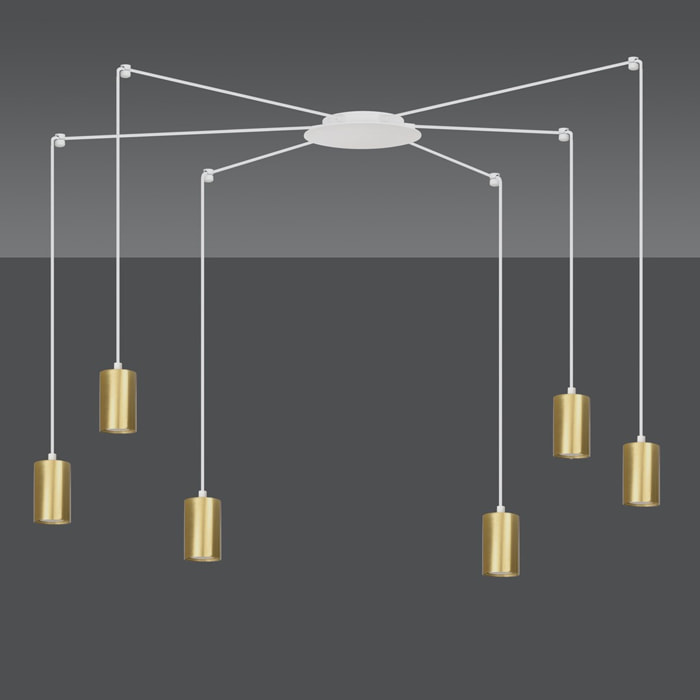 Lampada a sospensione TRAKER con diffusori oro e struttura bianca