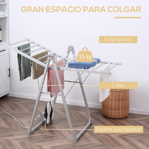 HOMCOM Tendedero Eléctrico Plegable con Alas 230 W Secador de Ropa con Zapatero para 2 Zapatos y Marco de Aleación de Aluminio 134x66x100 cm Plata