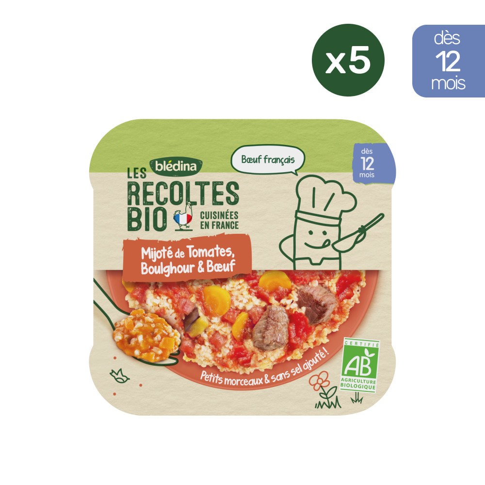 5 Assiettes Tomates, Boulghour & Bœuf (5x230g) - Les Récoltes Bio Dès 12 Mois