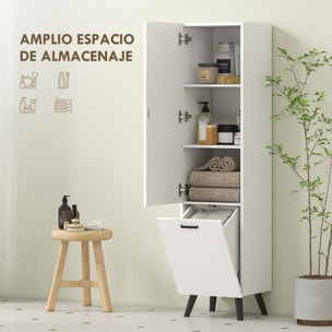 Armario de Baño Alto con Cesto Ropa Sucia Columna de Baño Estrecho con Puerta y Estantes Mueble Auxiliar para Salón Cocina 35x31,5x144 cm Blanco