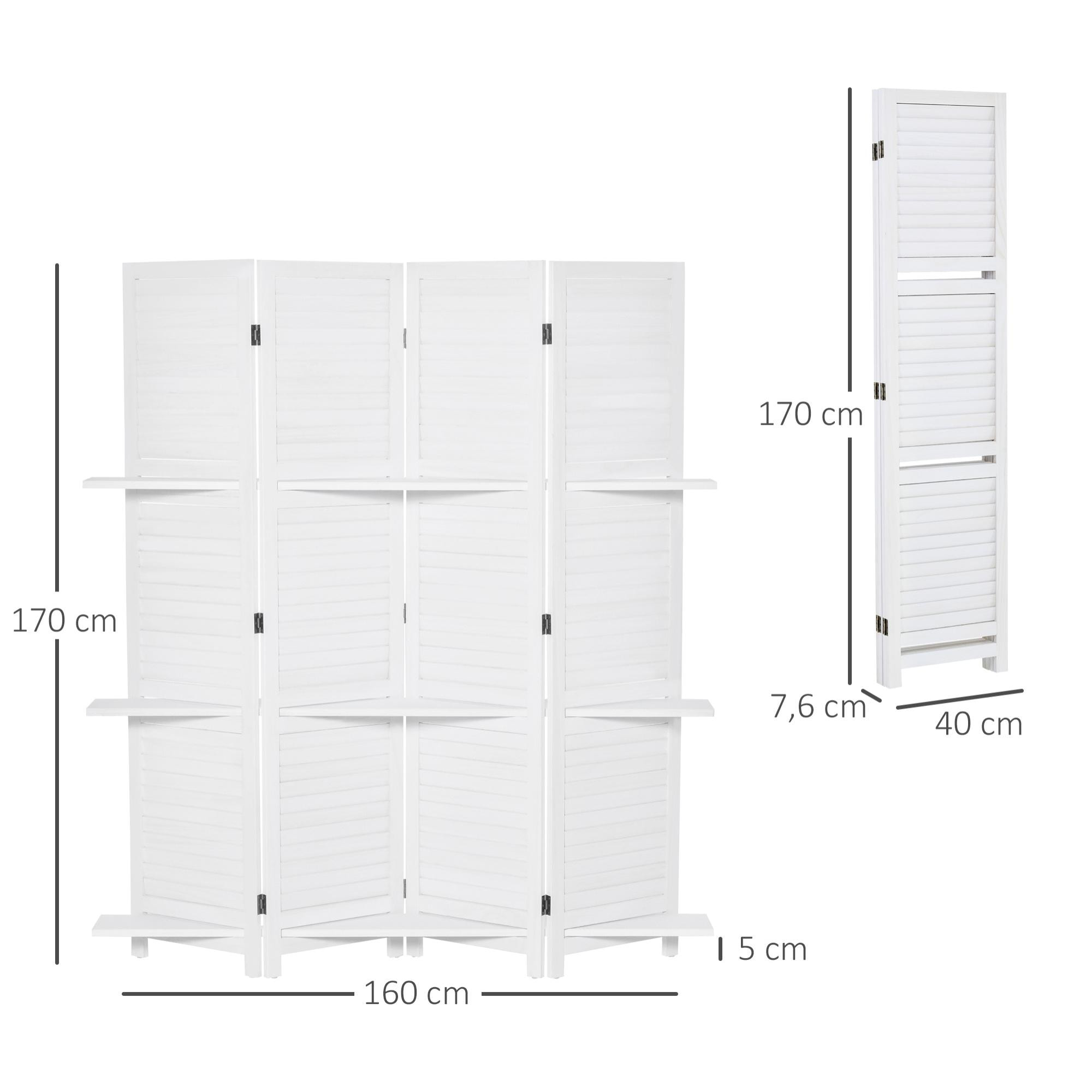 Biombo Separador de Madera de 4 Paneles Divisor de Habitaciones Plegable con 3 Estantes Extraíbles Diseño Persiana para Dormitorio Oficina 160x170 cm Blanco