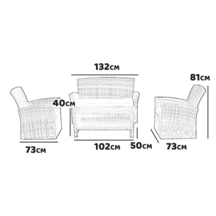 Century - Salotto da giardino in alluminio e polyrattan con divano 2 posti + 2 poltrone + tavolino con ripiano in vetro 5mm. Set da giardino lounge completo di cuscini colori neutri