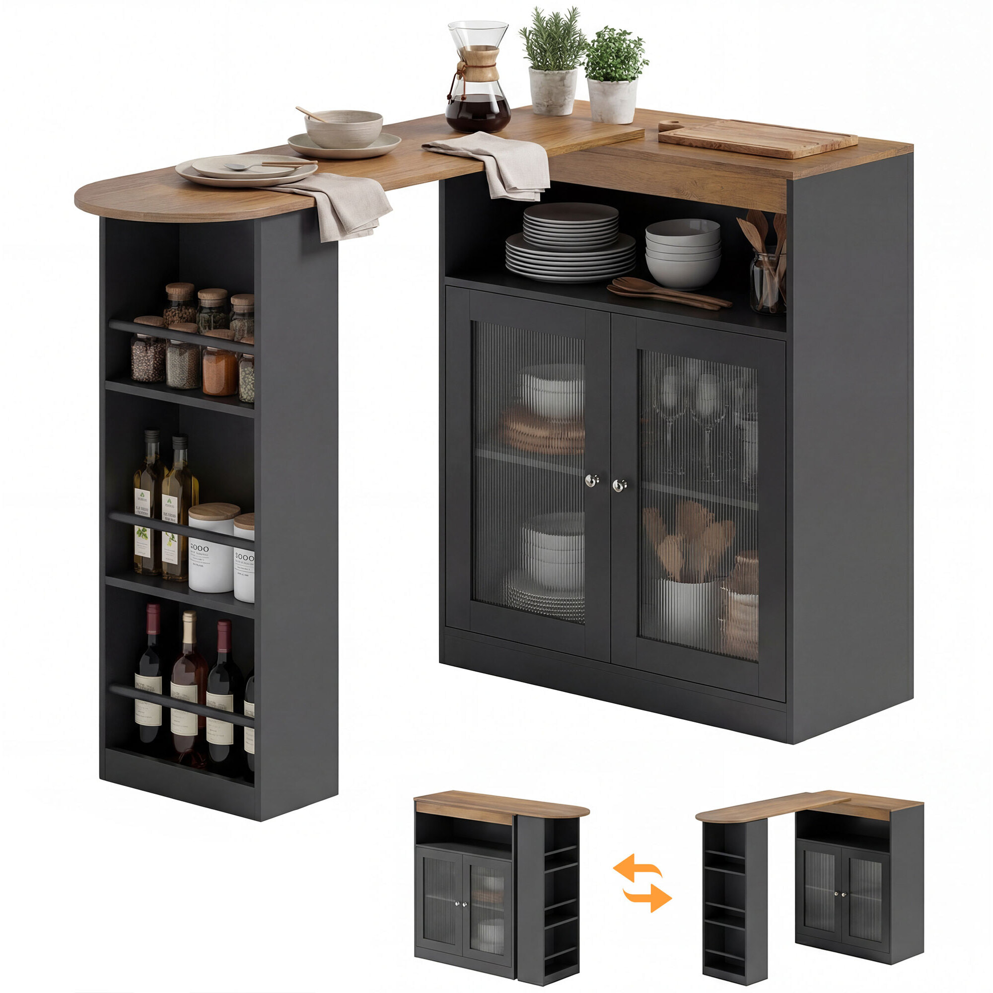 Mesa de Bar Extensible y Giratoria 90°, Mesa Alta Cocina con Estantes Abiertos y 2 Puertas de Vidrio para Comedor, 150x80x105,5 cm, Negro y Natural