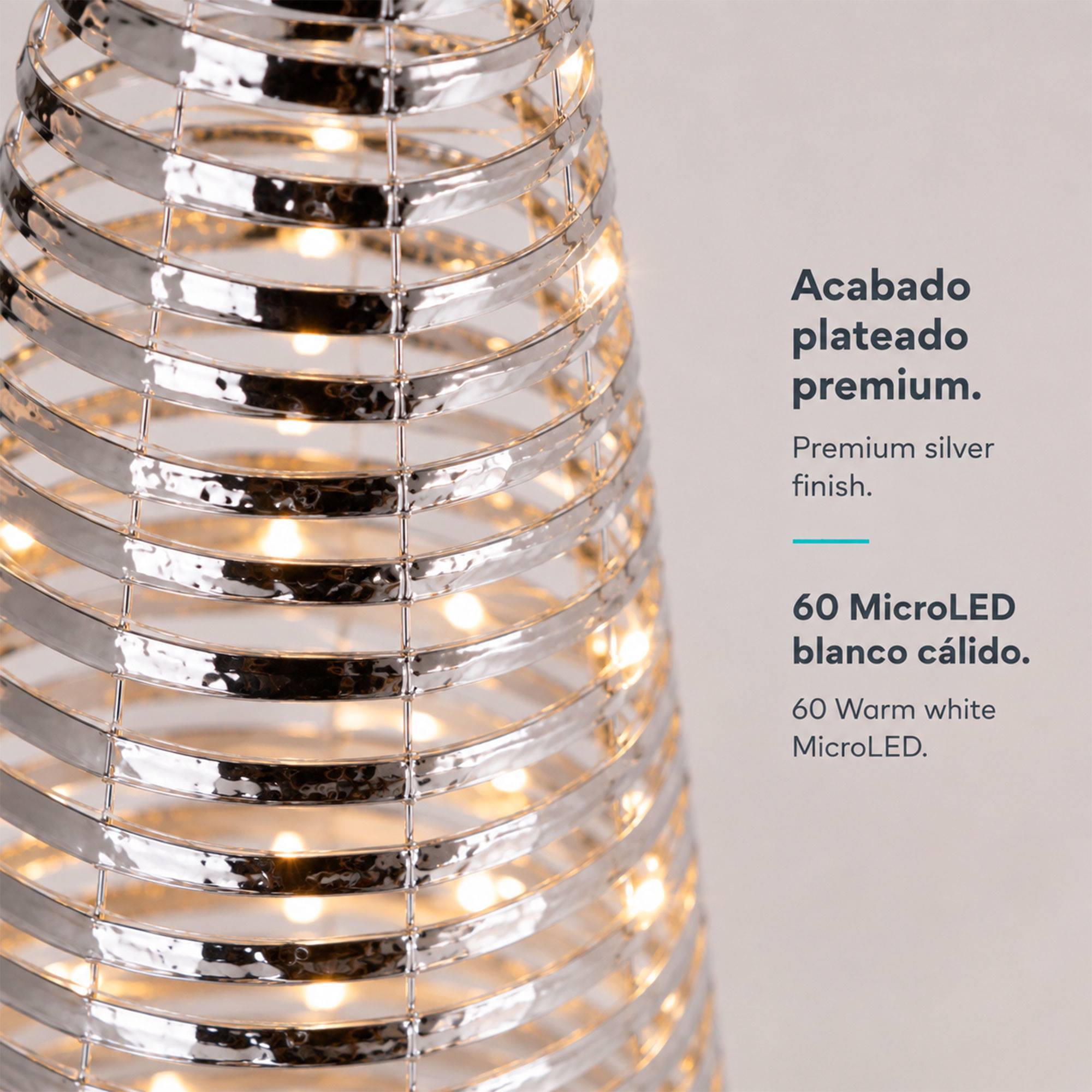 Árbol de navidad cónico led plateado con 60 microled blanco cálido, con temporizador ø20x80 cm