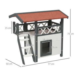 Casa para Gatos de Madera 77x50x73 cm Caseta para Gatos de 2 Niveles Refugio para Gatos con Techo Asfáltico Escalera y Balcón para Exterior Blanco