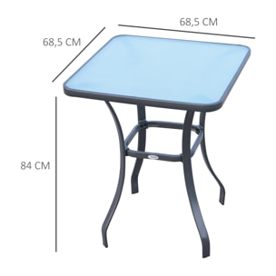 Table carrée bistro de jardin dim. 68L x 68l x 84H cm métal époxy gris plateau verre trempé granité