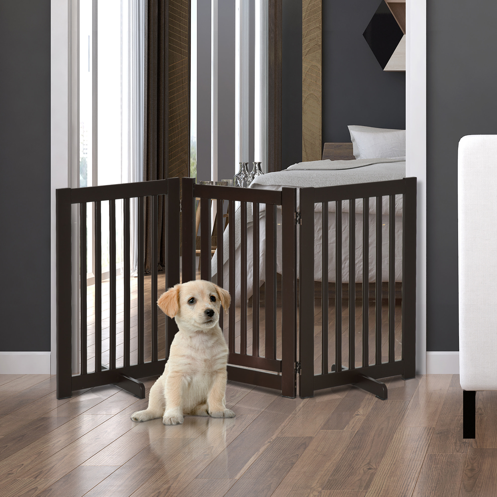 Barrera para Perros de Madera Valla para Mascotas Plegable de 3 Paneles con 1 Puerta y Patas de Apoyo para Pasillo Escalera 155x35,5x76 cm Café