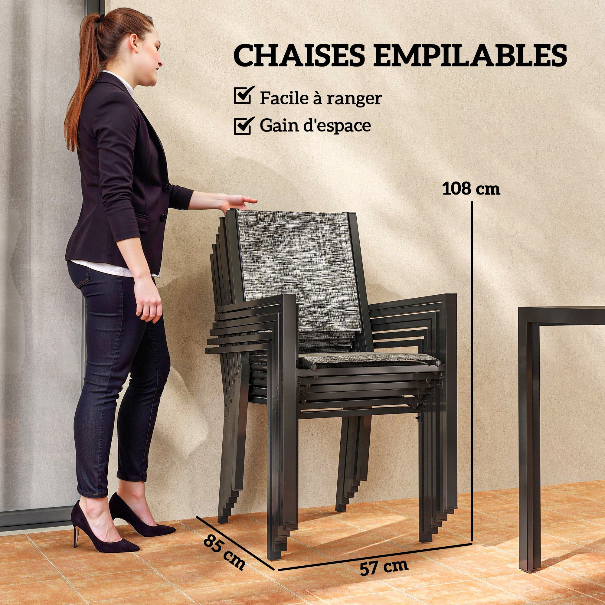 Ensemble salon de jardin 6 places 7 pièces - chaises empilables, plateau à lattes effet bois acier textilène noir chiné