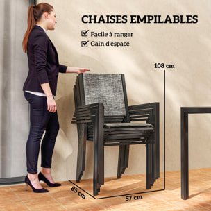 Ensemble salon de jardin 6 places 7 pièces - chaises empilables, plateau à lattes effet bois acier textilène noir chiné