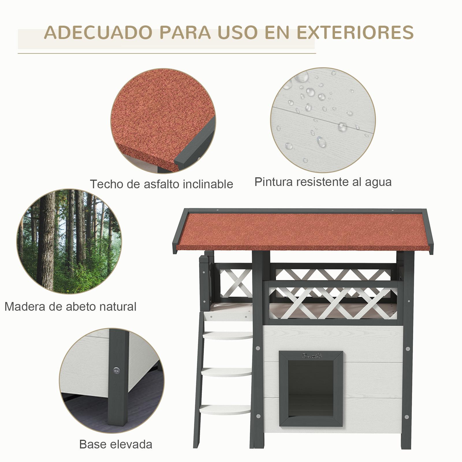 Casa para Gatos de Madera 77x50x73 cm Caseta para Gatos de 2 Niveles Refugio para Gatos con Techo Asfáltico Escalera y Balcón para Exterior Blanco