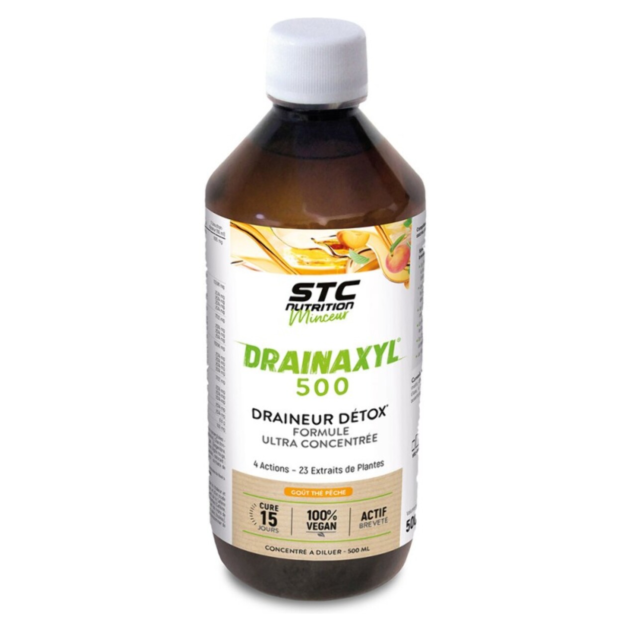 STC NUTRITION - Drainaxyl 500 - 4 actions : Brûle-graisses, Digestion ventre plat, Circulation jambes légères, Drainant, Détoxifiant - Goût Thé Pêche - 23 Extraits de plantes dont Elim'Real® - 500ml