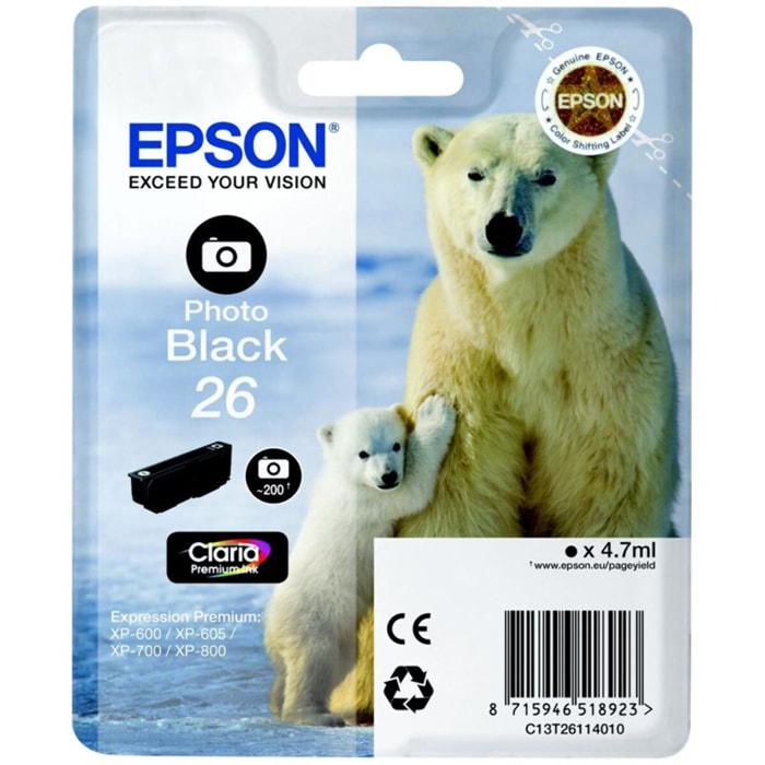 Cartouche d'encre EPSON Originale T2611 Noire Photo Série Ours Polaire - C13T26114010