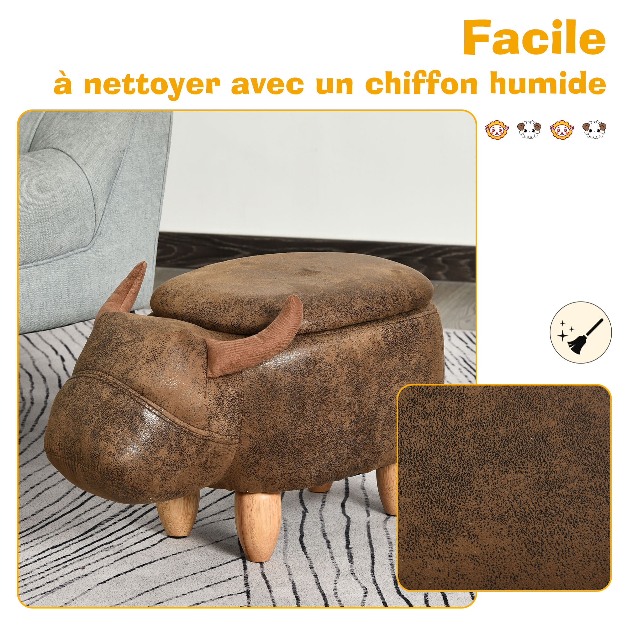 Tabouret vache - pouf vachette - pouf taureau coffre de rangement 2 en 1 - pieds bois d'hévéa revêtement synthétique aspect daim vieilli marron