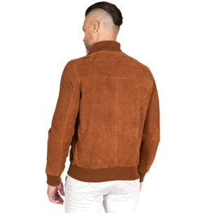 Giacca bomber in pelle camoscio cognac con bottoni e tasconi