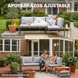 Conjunto de Muebles Jardín Exterior de 3 Piezas, Sofá Exterior Seccional Resistente Forma de L con Cojines, 2 Sofás de 2 Plazas, Reposabrazos Ajustables y Mesa Centro de Listones, Gris