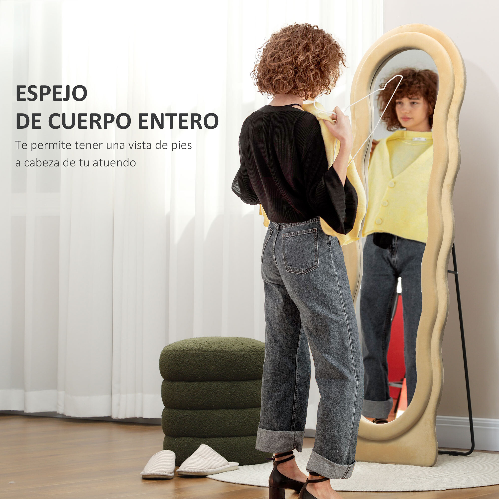 Espejo de Cuerpo Entero 160x50 cm Espejo de Pie o de Pared Diseño Ondulado Marco con Tela de Terciopelo para Salón Dormitorio Beige