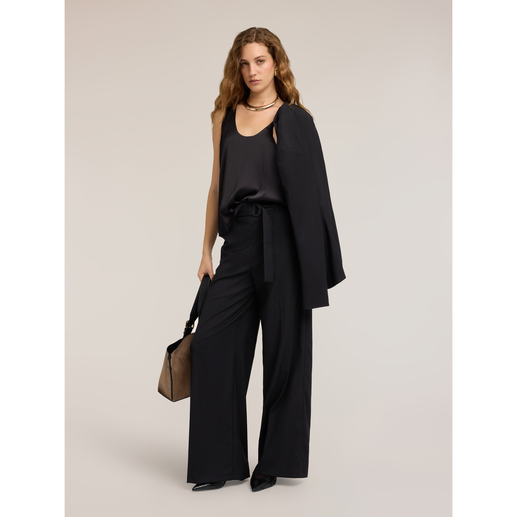 Motivi - Pantaloni palazzo in cady con cintura - Nero