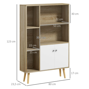 Bibliothèque scandinave dim. 80L x 23,5l x 123H cm 5 niches placard 2 portes pieds effilés inclinés bois massif panneaux particules naturel et blanc