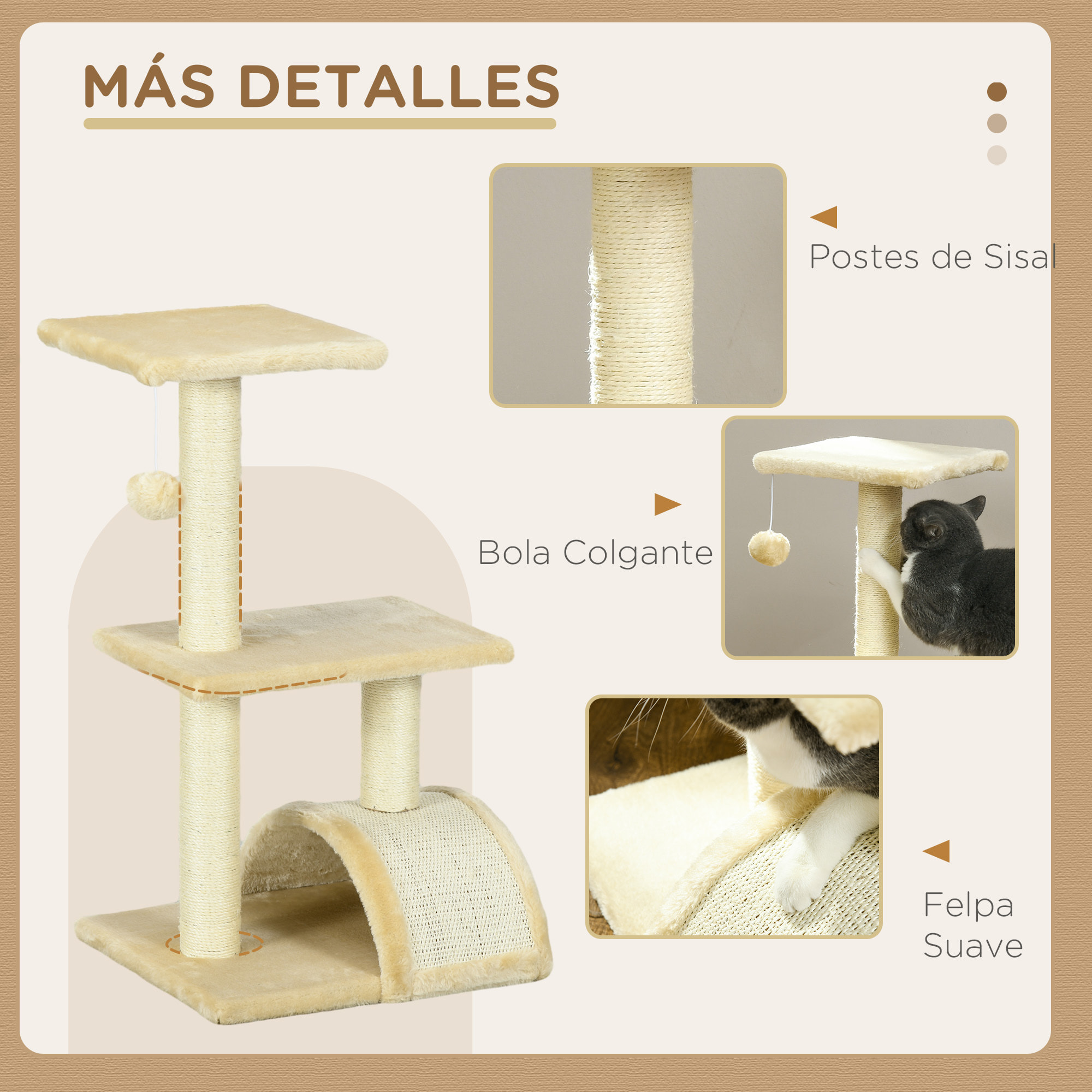 Árbol Rascador para Gatos Mediano Árbol para Gatos de 3 Niveles Torre para Gatos con Postes de Sisal Tablero para Rascar y Bola Colgante Crema