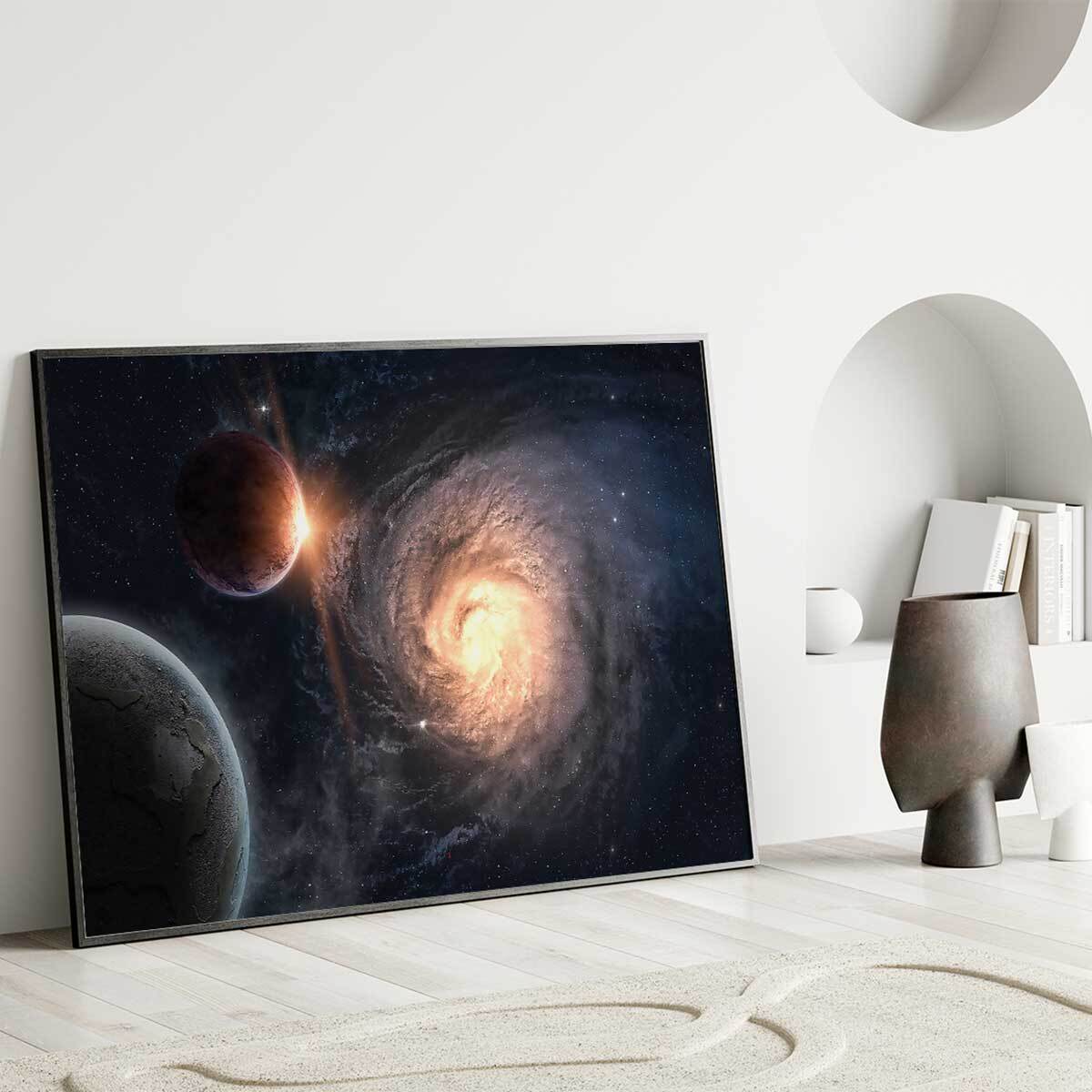 Affiche encadrée galaxie spirale et planètes Affiche + cadre en métal - Noir