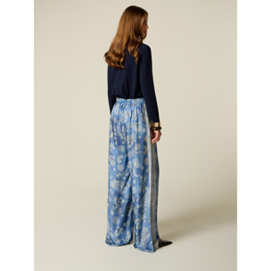Oltre - Pantaloni palazzo in raso fantasia - Azzurro