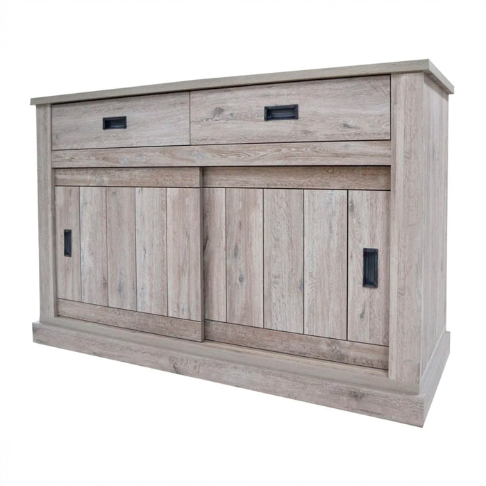 Madia Credenza Mobile Soggiorno Con 2 Cassetti E 2 Ante Scorrevoli 4 Ripiani Interni Design Minimal Shabby 150 x 50 x 95.5 Cm Colore Rovere Alaska